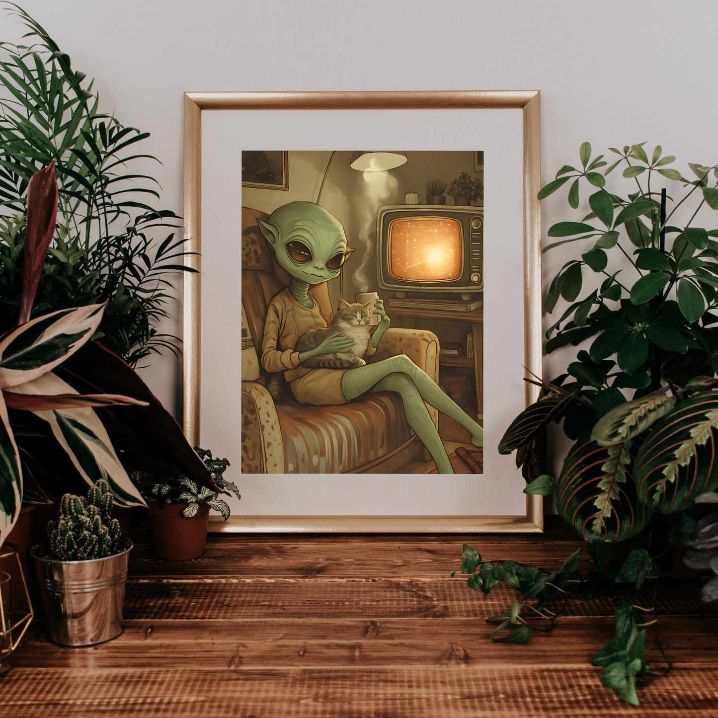 Just Chilling - Alien and Cat Retro Poster