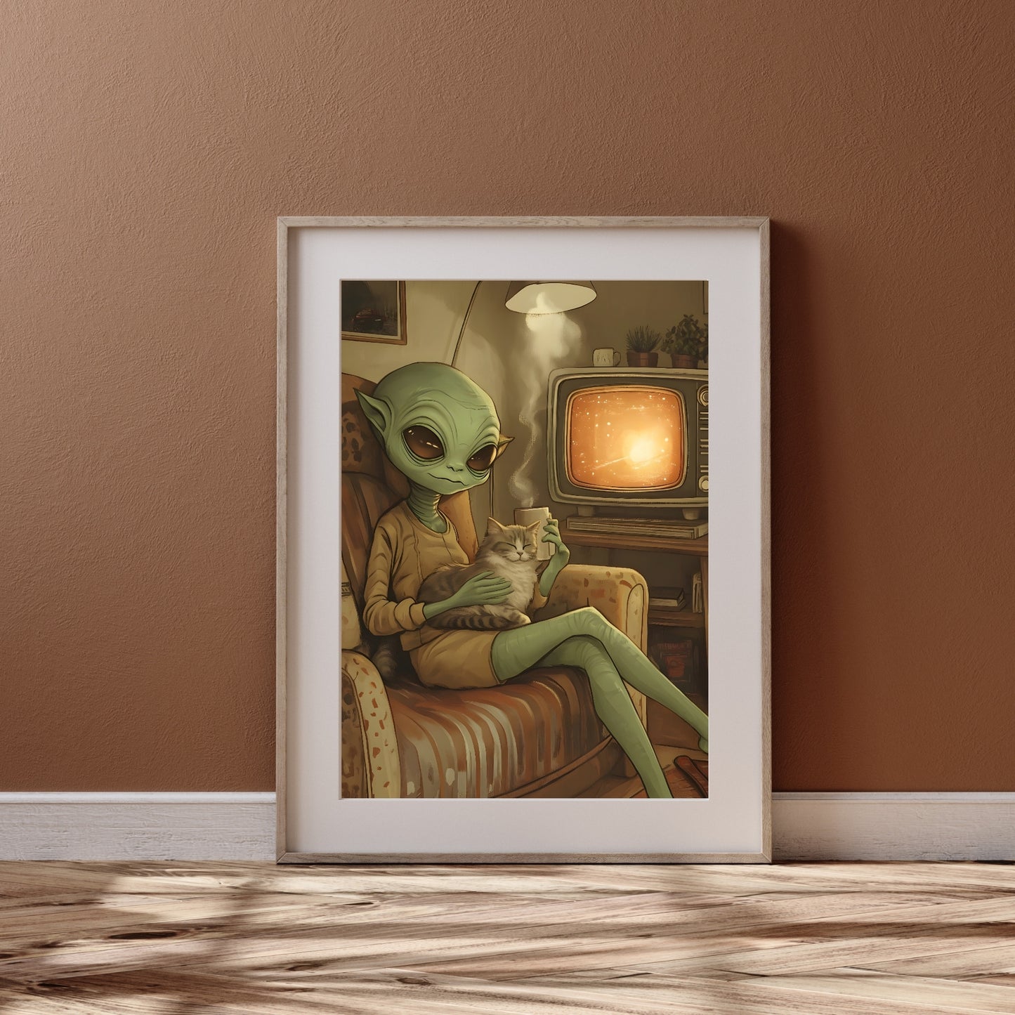 Just Chilling - Alien and Cat Retro Poster