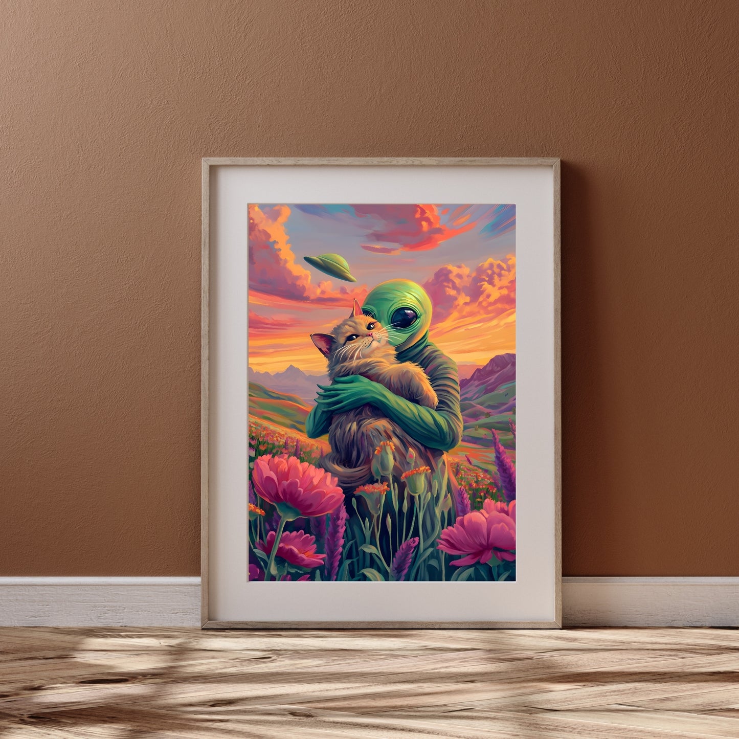 Galactic Serenity - Alien and Cat in a Field of Flowers Poster