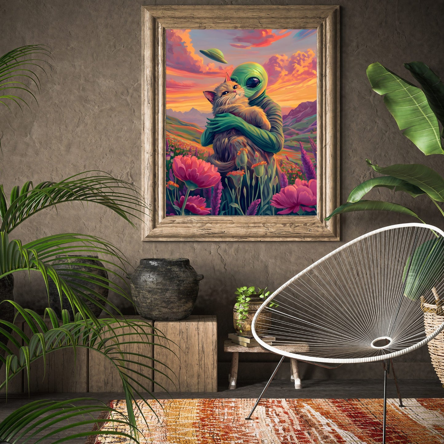 Galactic Serenity - Alien and Cat in a Field of Flowers Poster
