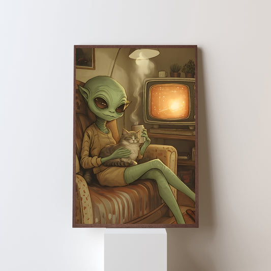 Just Chilling - Alien and Cat Retro Poster