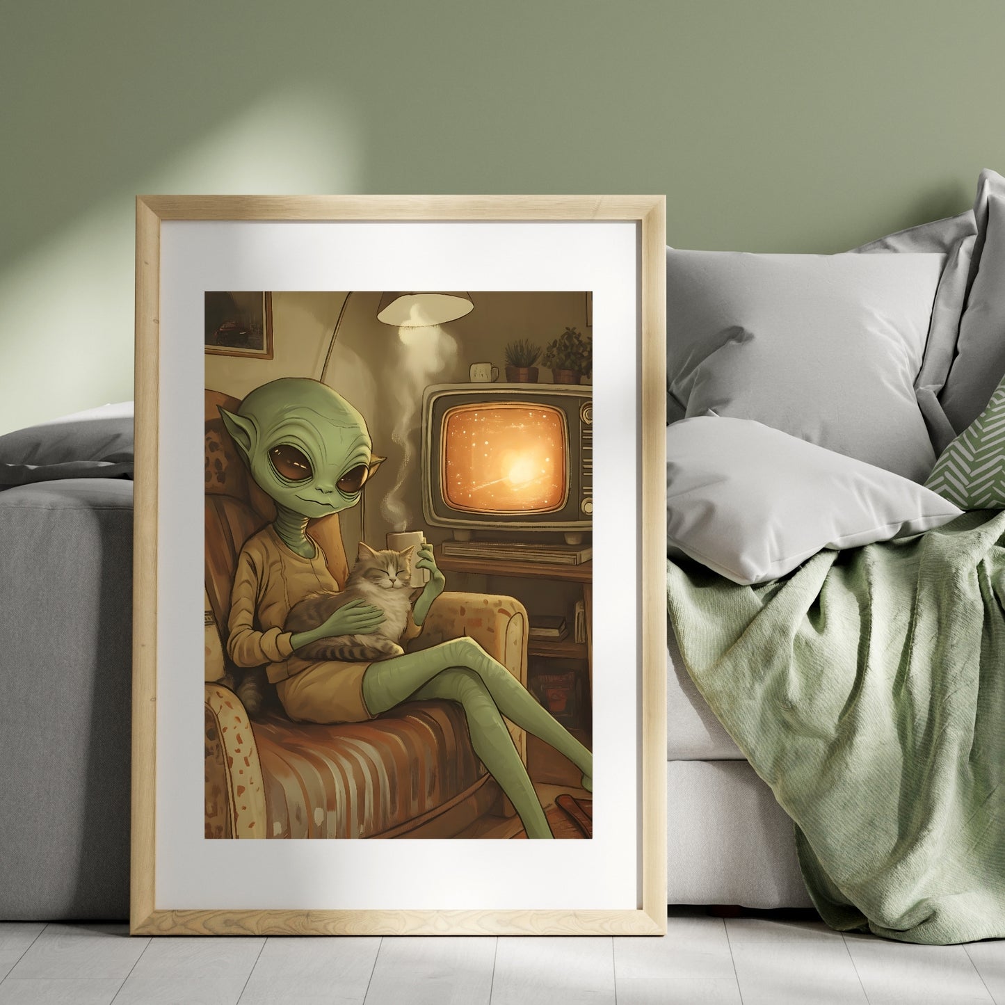 Just Chilling - Alien and Cat Retro Poster
