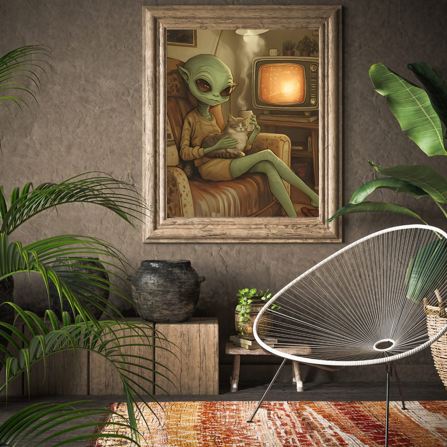 Just Chilling - Alien and Cat Retro Poster