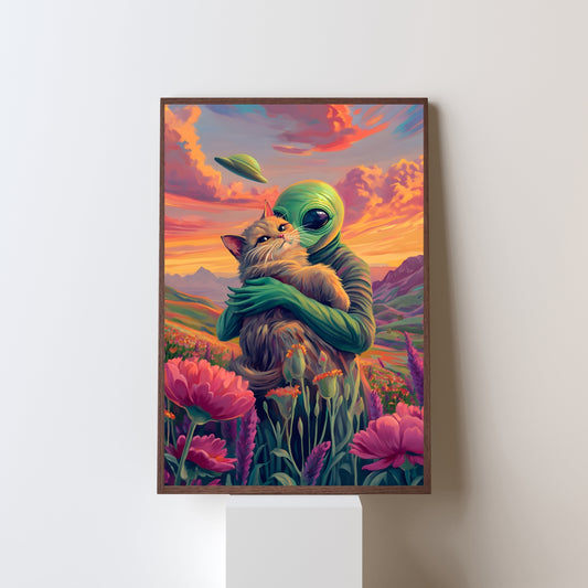 Galactic Serenity - Alien and Cat in a Field of Flowers Poster