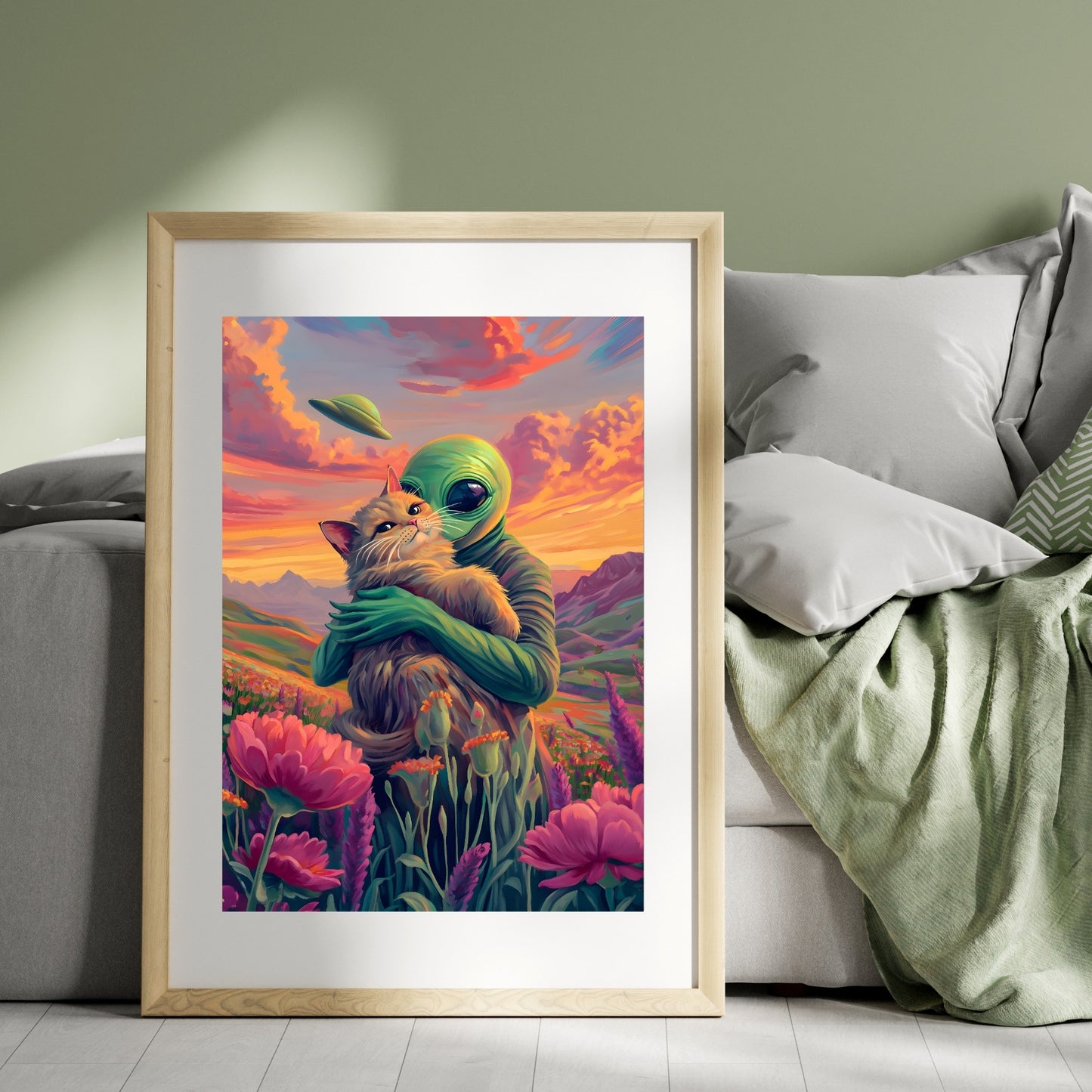 Galactic Serenity - Alien and Cat in a Field of Flowers Poster