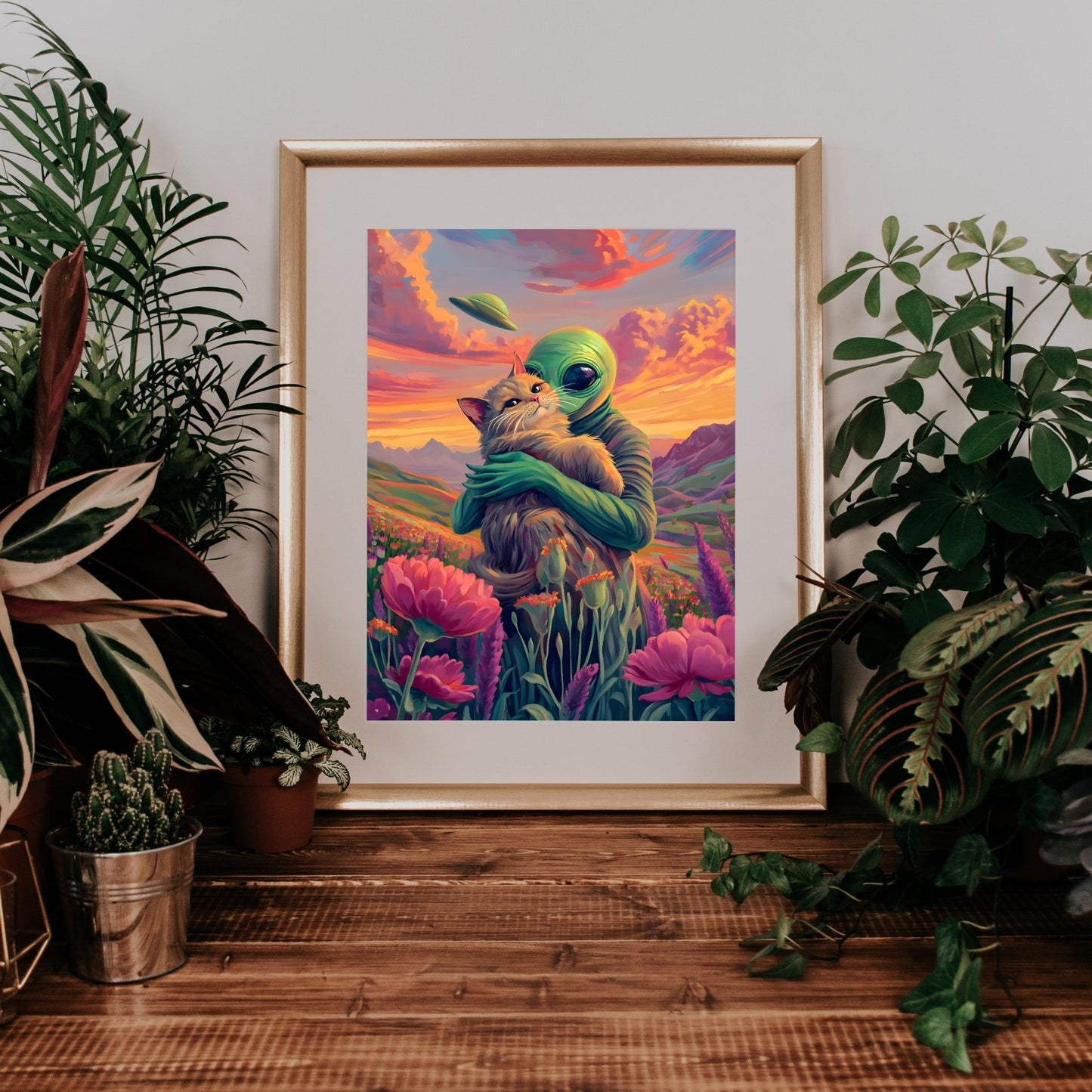 Galactic Serenity - Alien and Cat in a Field of Flowers Poster